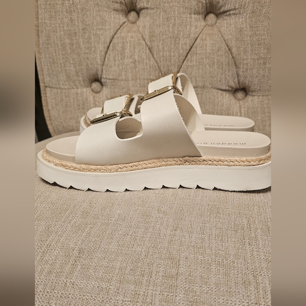 Womens Cream Slide Sandals with Gold Buckles